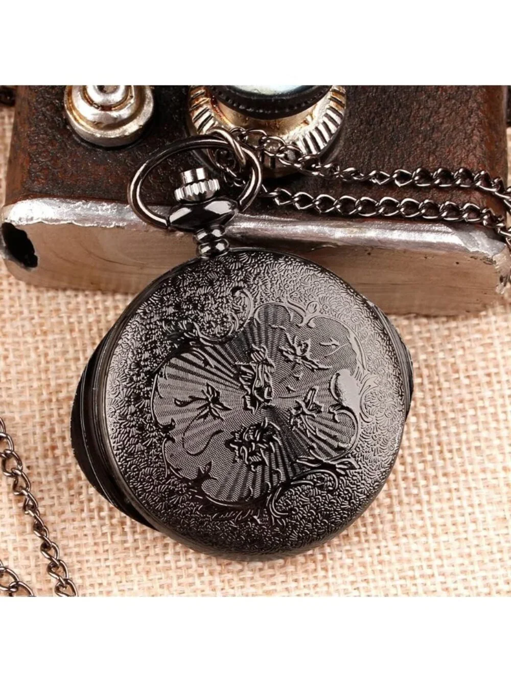 Mens Black Analog Quartz Skeleton Shape Pendant Necklace Round Case Pocket Watch
